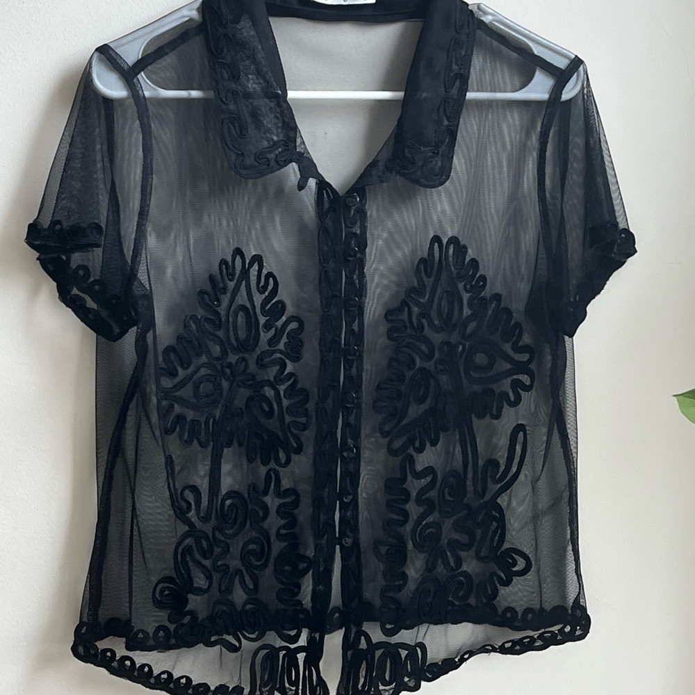 mesh black embellished button up top